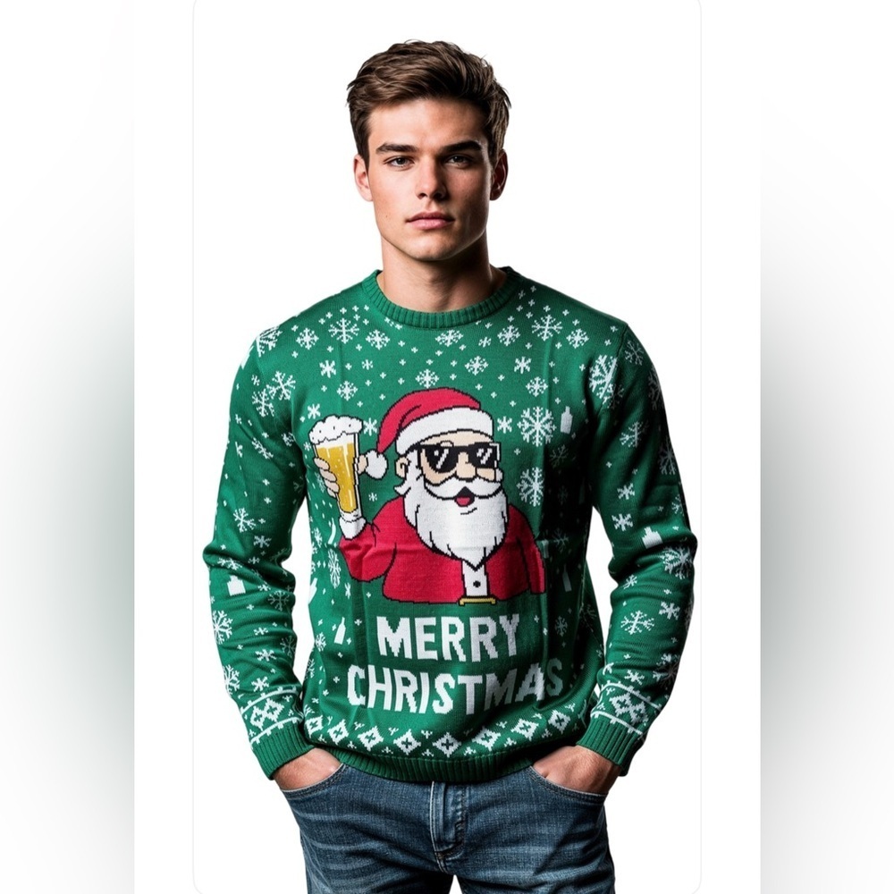 New- 2XL Green Christmas Sweater
Santa Beer Cheer Design